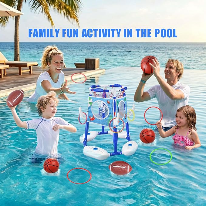 Pool Basketball Hoop 3-in-1 Basketball Football Ring Toss Games Pool Toys with 5 Balls, Floating Basketball Hoop for Pool for Kids & Adults Indoor Outdoor