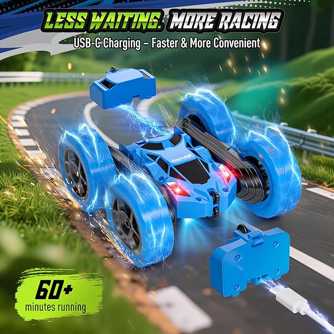 Hamdol Remote Control Stunt Car for Kids, 360° Spinning Double-Sided RC Toy with Headlights, 4WD USB-C Rechargeable Vehicle for Boys Ages 6–12, Educational STEM Toy