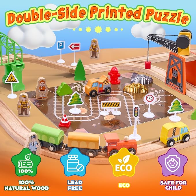 Wooden Train Set 102-Piece for Toddlers Kids Ages 3-8, Double-Sided Expandable Train Track with Puzzles & Magnetic Crane Toys, STEM Railway Playset Gifts Compatible with Major Brands for Boys Girls