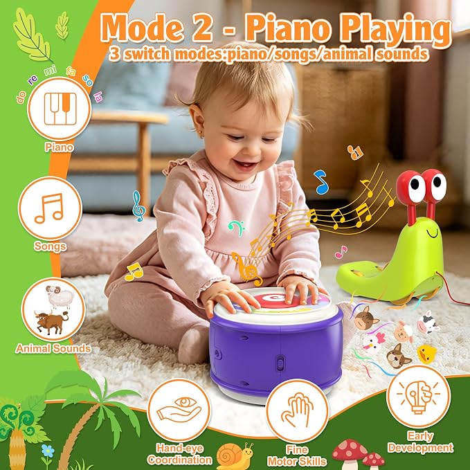 3 in 1 Pull Along Snail Toddler Toys, Baby Piano and Light Up Toddler Drum Set Early Learning Toys Toddler Gifts for Boys Girls, Baby Toys Musical Toys for Toddlers 1-3