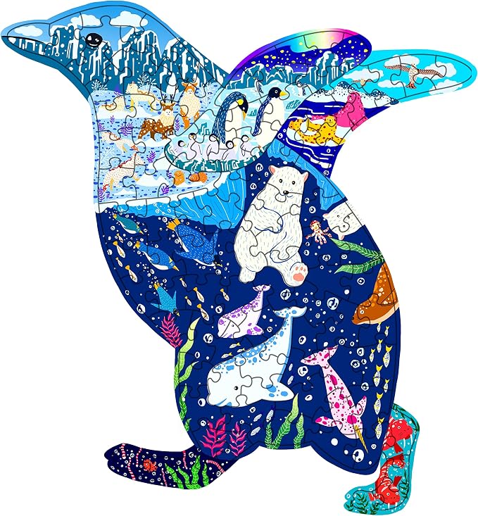 PINU Jigsaw Puzzles for Kids Ages 3-5, 6-8, 8-10, Children Colorful Fun Animal Shaped Puzzle Learning Educational Toys Gifts Games for Boys and Girls (Penguin-100 PCS)