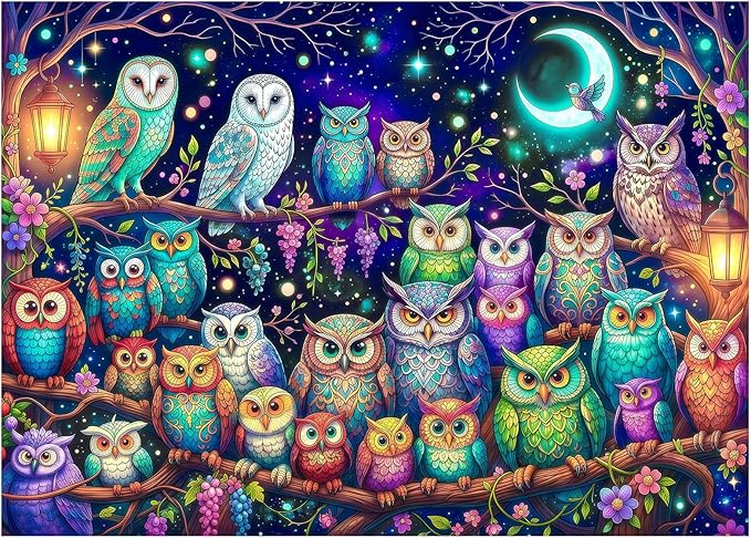 Moonlit Owls Puzzles for Adults 1000 Pieces,Impossible Challenging Jigsaw Puzzles for Adults,Mystical Night Forest Wildlife,Serene Moonlight Wall Art Decor, Stress Relief Gifts for Nature Lovers