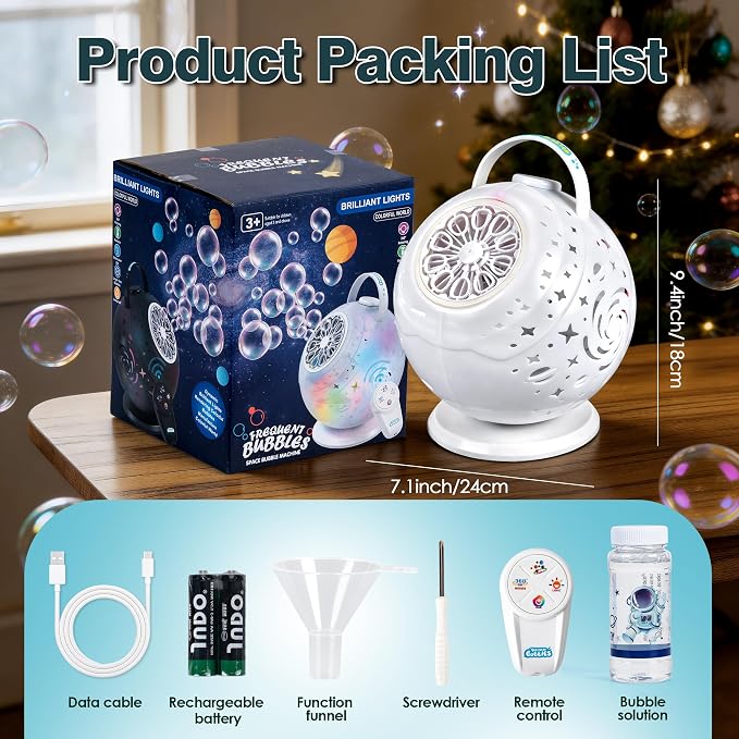 Rechargeable Galaxy Bubble Machine for Kids, 90°/360° Rotating Bubble Maker with Remote Control, 7-Color LED Light,Type-C Bubble Blower for Birthday Party, Wedding, Outdoor Play (Globe)