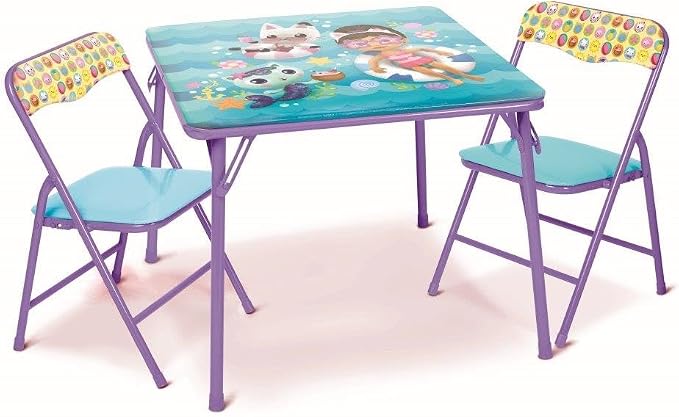Gabby's Doll House Girls Folding Table & Chairs Set for Kids and Toddlers 36 Months Up To 7 years, Includes: 1 Table (36"L x 24"W x 20"H), 2 Chairs (13"L x 13.5"W x 21"H) Weight Limit: 70 lb