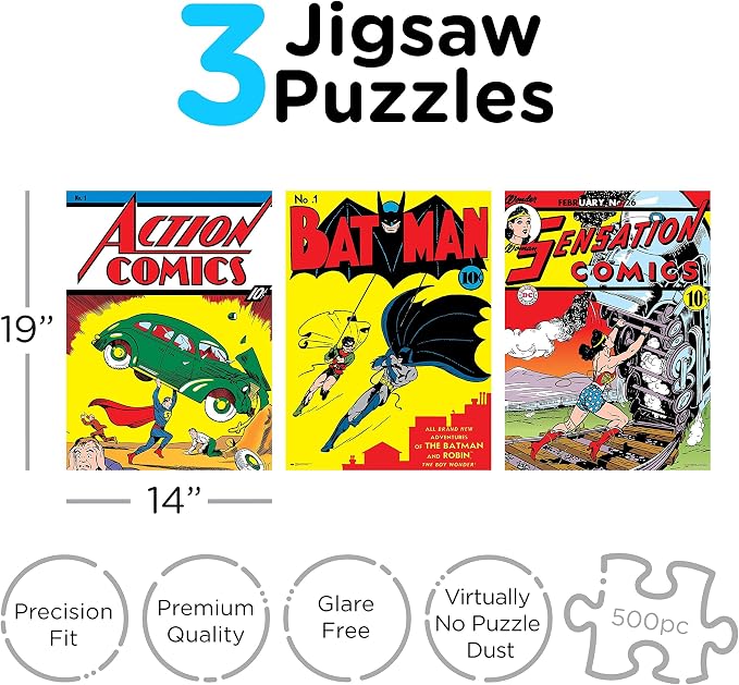 DC Comics 3 x 500 Jigsaw Piece Jigsaw Puzzle Set with Bonus Poster – Superhero Puzzle Pack for Adults, Kids & Families | Superman, Batman & Wonder Woman by Aquarius