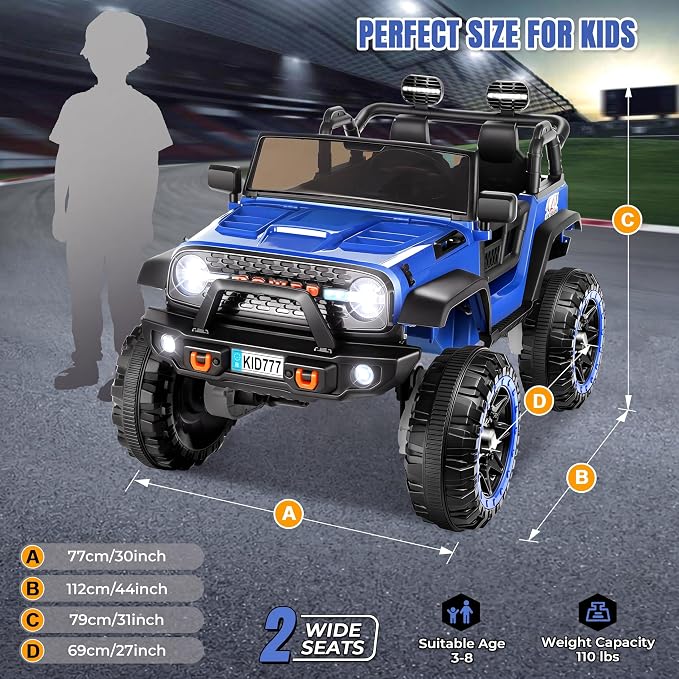 Hikole 24V Ride-on Car for Big Kids, 2 Seater Kids Ride Off-Road Car with Remote Control, Switchable 2WD/4WD, Extra Large 20" Seats, Spring Suspension, Music, 5.9MPH - Blue