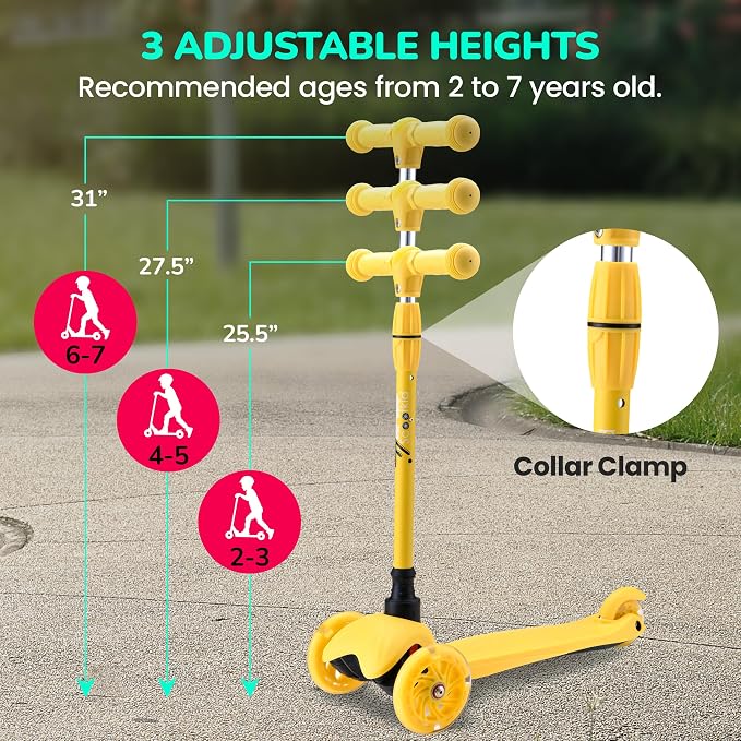 Hurtle Mini Kickboard 3 Wheel Scooter for Kids Ages 2-5 - Lean-to-Steer Toddler Scooter with Light-up LED Wheels, Adjustable Height & Rear Foot Brake for Boys. & Girls, Anti-Slip, Indoor/Outdoor