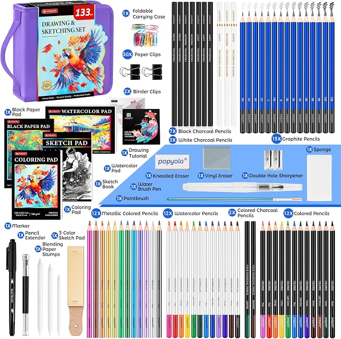 133 Pack Art Supplies Sketching Kit with Sketch Book, Coloring Book, Watercolor Pad, Black Paper Pad, Tutorial, Graphite Colored Charcoal Watercolor & Metallic Pencils for Artists Beginners Adults