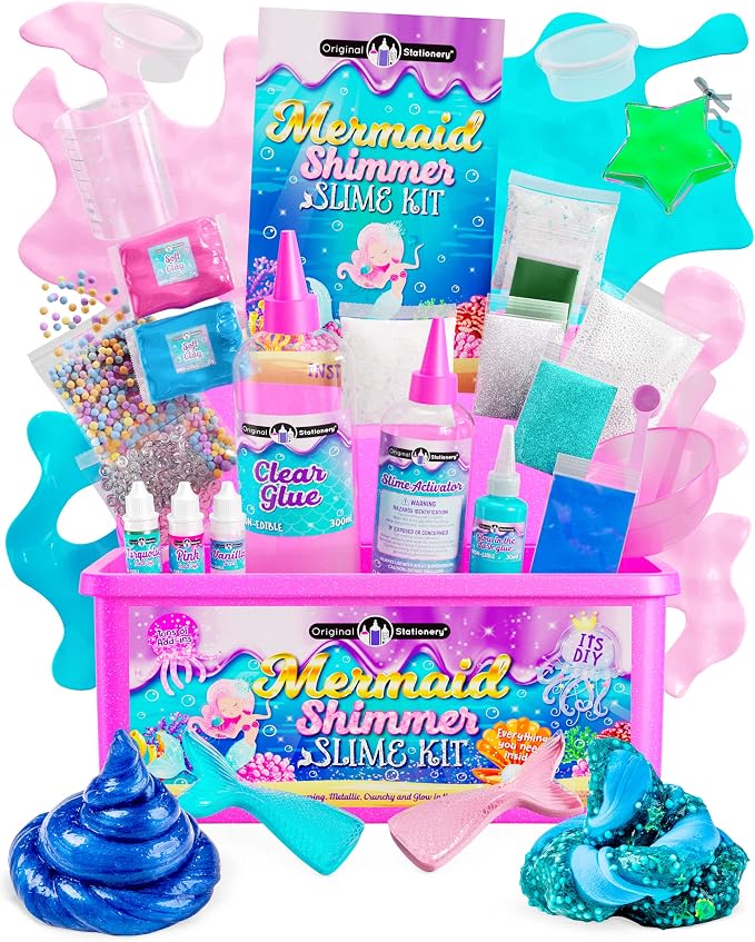 Original Stationery Mermaid Slime Kit for Girls Ages 7–12, DIY Glow-in-The-Dark Slime Set with Shimmer, Foam Beads & Glitter Add-Ins, Fun Creative Craft Activity, Birthday Gift for Kids