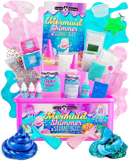 Original Stationery Mermaid Slime Kit for Girls Ages 7–12, DIY Glow-in-The-Dark Slime Set with Shimmer, Foam Beads & Glitter Add-Ins, Fun Creative Craft Activity, Birthday Gift for Kids