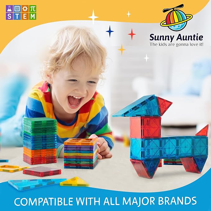 SUNNY AUNTIE Magnetic Tiles 56 PCS Building Set – Magnetic Building Tiles STEM Toy for Kids & Toddlers Ages 3-8, Magnet Construction Set for Boys & Girls