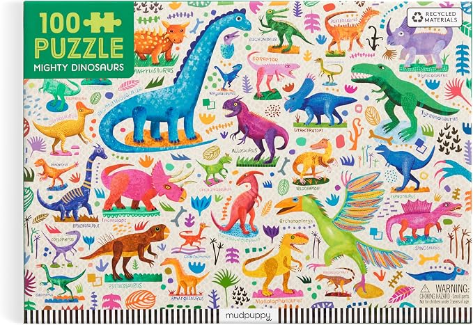 Mudpuppy Mighty Dinosaurs 100 Piece Puzzle – 100 Piece Jigsaw Puzzle with Colorful and Fun Illustrations of Jurassic Creatures for Children Ages 5 and Up