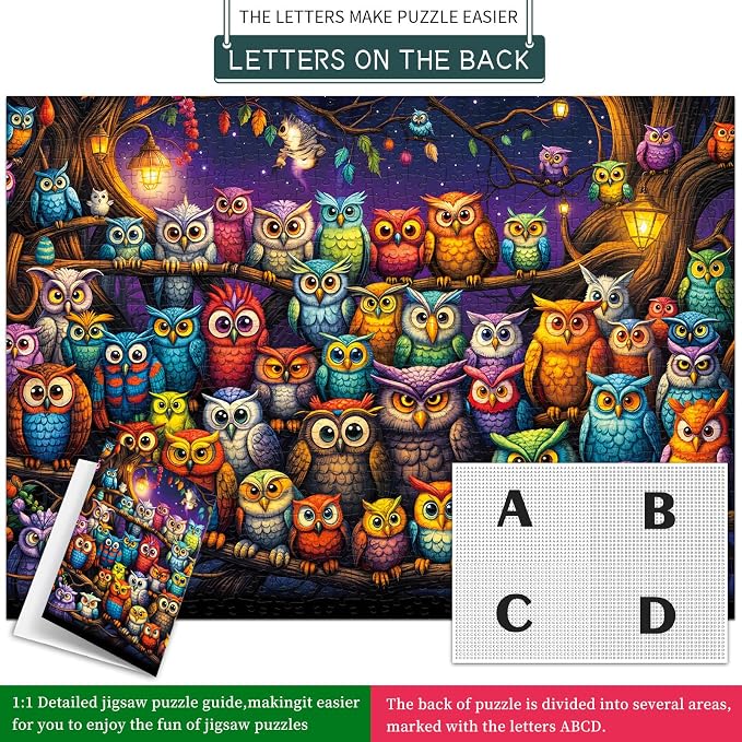 Owl Family Puzzles for Adults 1000 Pieces, Puzzles with Letters on Back, Impossible Hard Difficult Challenging, Precise Interlocking Pieces, Gifts for Father's Day