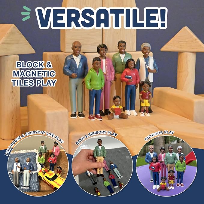 Creative Minds Marvel Education African American Family Toy Figure Set for Kids Ages 3+, Set of 8 Inclusive and Diverse Dollhouse Toy Figurines, Multicolor