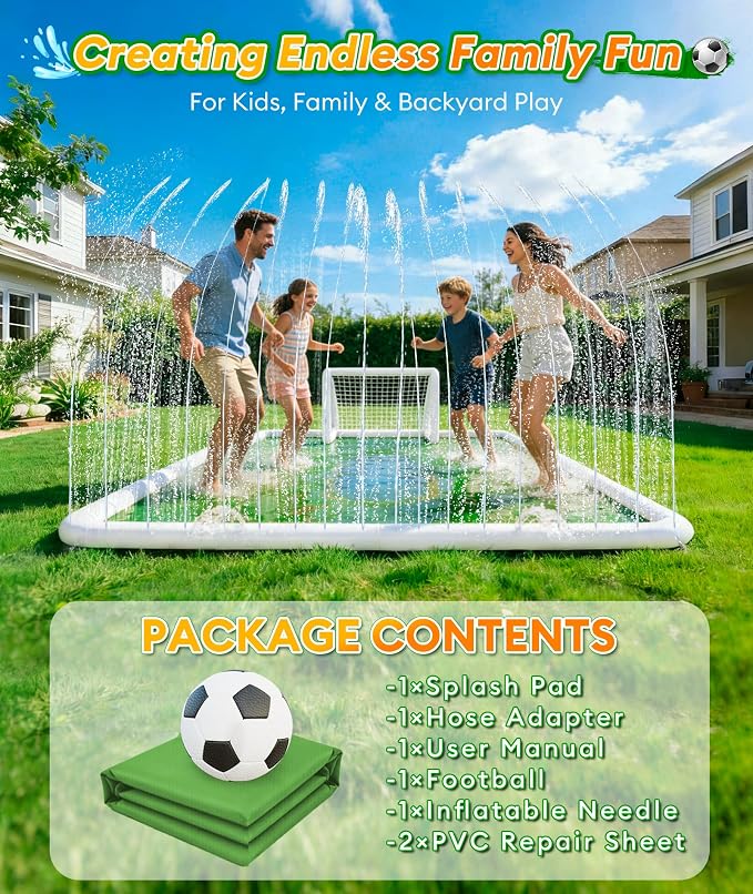 EPN Splash Pad for Kids, 138" x 118" Extra Large Sprinkler Mat with Soccer Goal & Ball, Non-Slip Thick PVC Water Play Mat, Outdoor Backyard Water Toys for Kids Ages 4-8 8-12, Lawn & Summer Fun