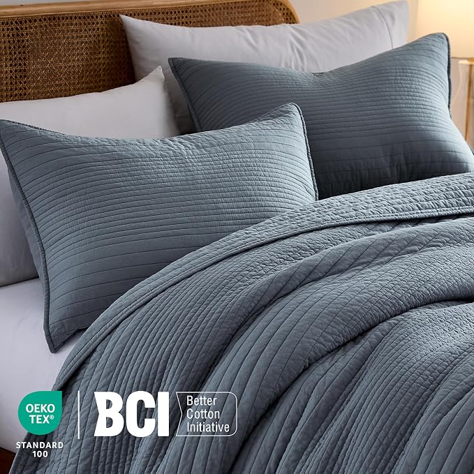 palassio Striped Blue Grey 100% Cotton Quilt Twin Size Bedding Sets, Lightweight Crinkly Channel Pick Stitch Textured Bedspread Soft Shabby Chic Farmhouse Country Coverlet for All Season, 1 Sham
