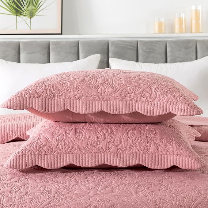 HoneiLife California King Quilt - Oversized King Bedspreads 128x120, 4-Piece Cal King Quilt Sets,Rustic Bedding Sets King Size,Reversible Coverlets Lightweight Bed Cover for All Season Use-Pink