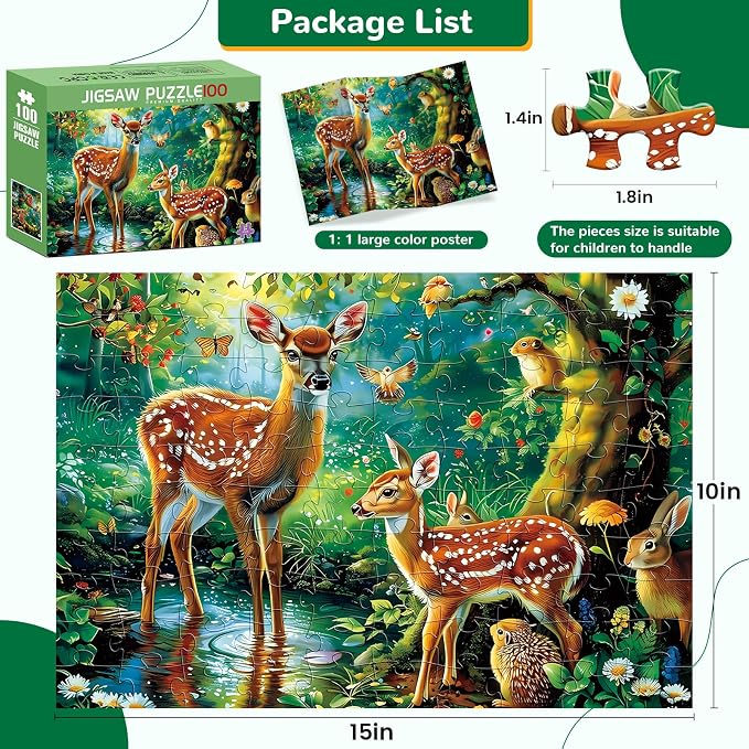 Puzzles for Kids Ages 4-8, 100 Piece Puzzles Kids Ages 4-6 6-8 8-10 Deer Animal Jigsaw Puzzle Toys Educational Puzzle Floor Birthday Gifts for Girls and Boys