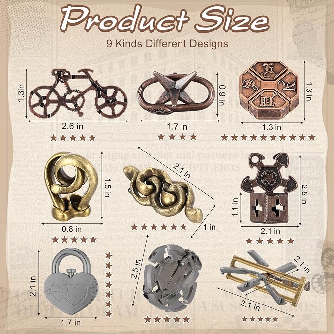 Wettarn 9 Pcs Metal Brain Teaser Puzzles 3D Steel Puzzle Set for Adults IQ Logic Challenge Disentanglement Unlock Interlocking Games Smart Logic Test Toys for Adults Mind Challenge(Fresh Style)