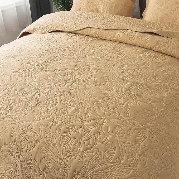 HoneiLife Embroidered Quilt King Size - 3 Piece Microfiber Quilt Sets Lightweight Bedspreads Reversible Coverlets Retro Bed Cover Paisley Pattern Bedding Set All Season Quilts-Yellow