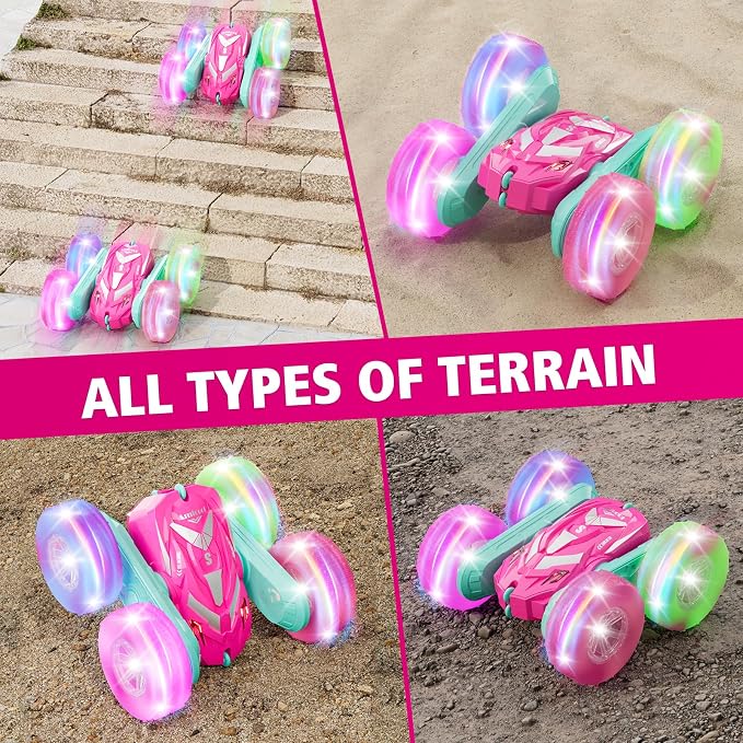 Amicool Remote Control Car for Girls 6-12 with Flashing Light, Toys 6 7 8 9 Years Old Girl Birthday Gifts Idea, RC Cars Stunt 4WD 2.4Ghz Double Sided 360° Flip, Present for Kids, Christmas, Pink