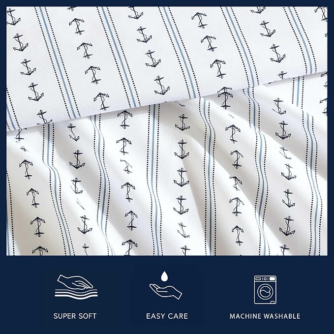 Nautica - Sheets, Cotton Percale Bedding Set with Matching Pillowcase, Crisp & Cool, Deep Pocket (Anchor Lines Blue, Twin)