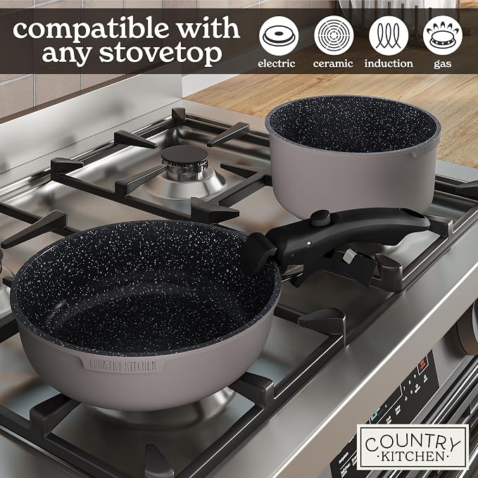 Country Kitchen Cookware Set with Removable Handle, Oven & RV Safe Pots and Pans Set, Grey/Black, Original