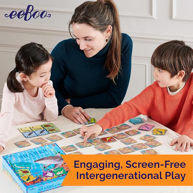 eeBoo: Memory & Matching Game- Shiny Sharks & Friends - 24 Matching Pairs, Educational Preschool Game, Kids Ages 3+, 1-4 Players