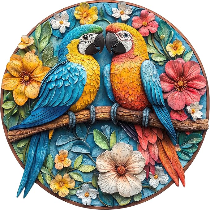 Mys Aurora Wooden Puzzles for Adults Round Parrots Jigsaw Puzzles, 200 Pieces 5MM Thick, Unique Shaped Colorful Bird Puzzle Family Game Gift for Adults and Kids, 11 x 11.2 Inch