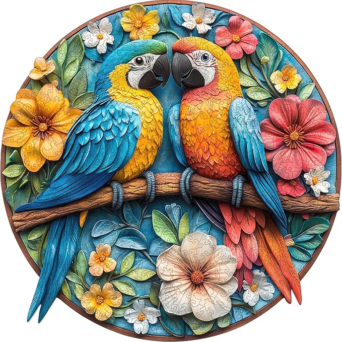 Mys Aurora Wooden Puzzles for Adults Round Parrots Jigsaw Puzzles, 500 Pieces 5MM Thick, Unique Shaped Colorful Bird Puzzle Family Game Gift for Adults and Kids, 16.2 x 16.5Inch