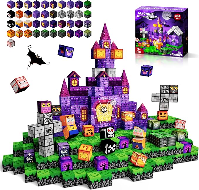 Drofex 200pcs Castle Magnetic Building Blocks for Kids, Mysterious Night Magnet Cubes STEM Construction Toys for Boys and Girls Age, 0.8in Magnetic Building Set Gift