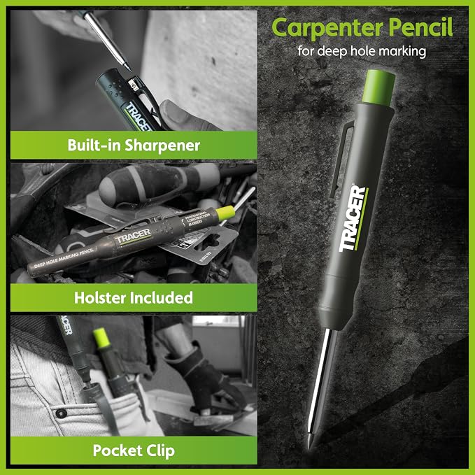 Tracer 5 Piece Construction Marker Kit - Deep Hole Carpenter Pencil Set with 2 Deep Hole Marking Pens, Heavy Duty Clog-Free Marker, 2.8mm Replacement Leads & Storage Case for Woodworking Tools