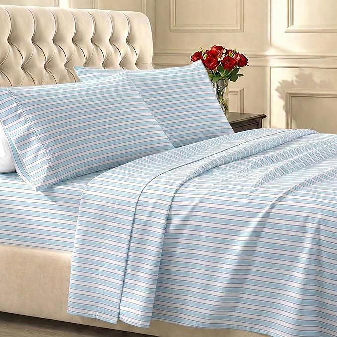California Design Den Soft 100% Cotton Sheets Cal King Size Set, 400 TC Good Housekeeping Award Winner, Smooth Sateen Finish with Deep Pockets, Cozy and Durable Cotton Bedding Set - Cape Stripe Blue