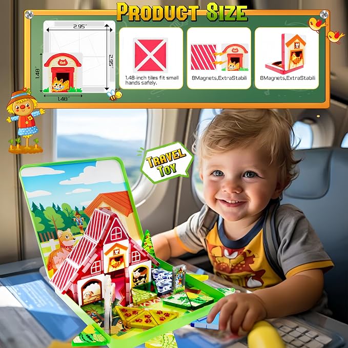 48pcs Mini Magnetic Tiles – Farm Animal Building Blocks Set in Iron Box, Portable STEM Travel Toys for Toddlers, Quiet On-the-Go Activities & Preschool Learning for Kids