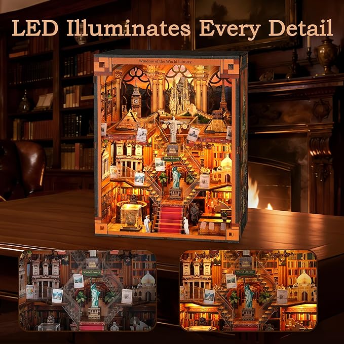 Book Nook Library kit - DIY Miniature House Kit for Adults & Teens, Dollhouse Booknook Bookshelf Insert Decor with LED Light, Unique Gift for Family, Friends（Window of the World）