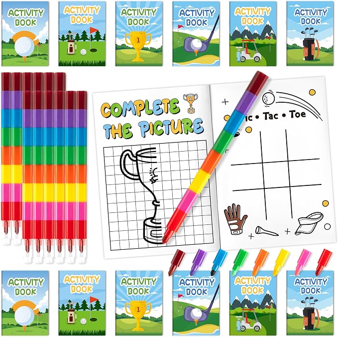 Golf Activity Books with Stacking Crayons for Kids, 24 Pack Mini Golf Coloring and Game Book Set, Bulk Sports Activity Booklets for Classroom Rewards Party Goodie Bags Stuffers Travel DIY Art Gifts