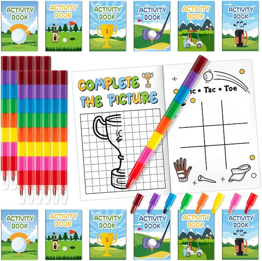 Golf Activity Books with Stacking Crayons for Kids, 24 Pack Mini Golf Coloring and Game Book Set, Bulk Sports Activity Booklets for Classroom Rewards Party Goodie Bags Stuffers Travel DIY Art Gifts