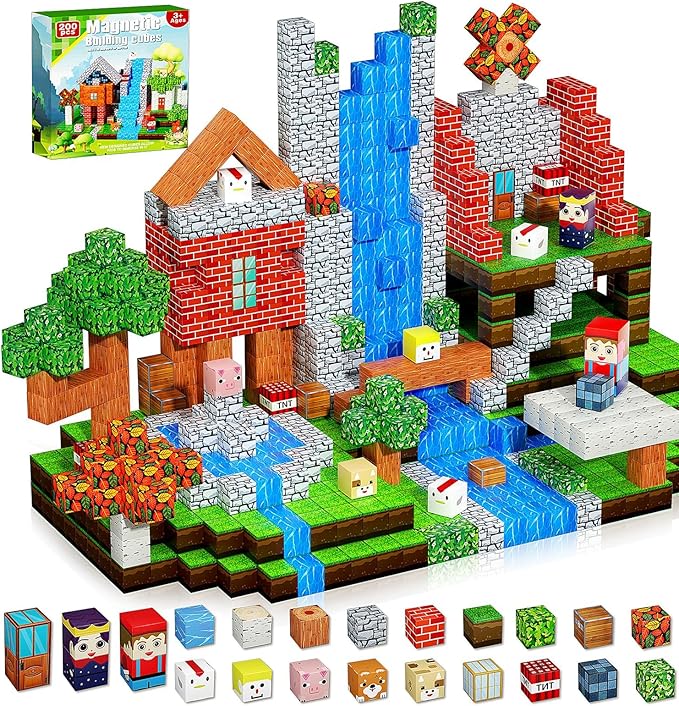 200PCS Magnetic Blocks, Magnetic Building Cube Toys for Kids, STEM Montessori Stacking, Sensory Education Toys for Toddlers Building World Set, Christmas Birthday Gifts for Kids Age 3 4 5 6 7 8 9 10