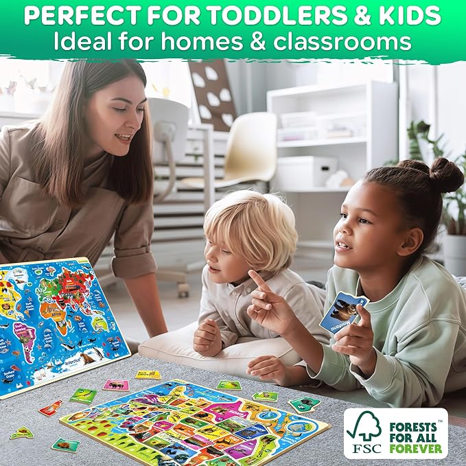 QUOKKA Wooden Puzzles for Kids Ages 4-6 - 2 Realistic USA and World Map Puzzles for Kids Ages 3-5 - Montessori Wood Educational Toys for Toddlers 2-4 Years Old - Geography Learning Games for 6-8 yo