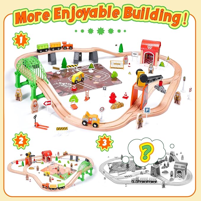 Wooden Train Set 102-Piece for Toddlers Kids Ages 3-8, Double-Sided Expandable Train Track with Puzzles & Magnetic Crane Toys, STEM Railway Playset Gifts Compatible with Major Brands for Boys Girls