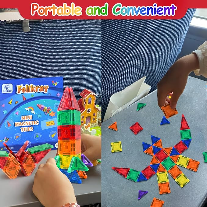 Mini Magnetic Tiles 36pcs, Travel Kids Toys STEM Magnet Toy, Easter Basket Stuffer for Toddler Magnetic Blocks Building Preschool Learning Sensory Montessori Toy for Boys and Girls