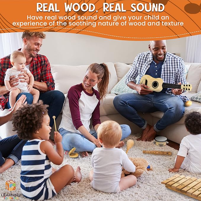 Wooden Musical Instruments for Toddlers – 7-Piece Kids Music Set with Xylophone, Guitar & Percussion | Natural Wood, Non-Toxic | Ages 3+