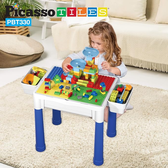PicassoTiles Vehicle and Action Figure + Activity Center Play Table, Magnetic Pretend Playset, School Bus, Car, Truck, Drivers, Study Desk Sandbox Water Tight Storage All-in-1 331pc Blocks Marble Run