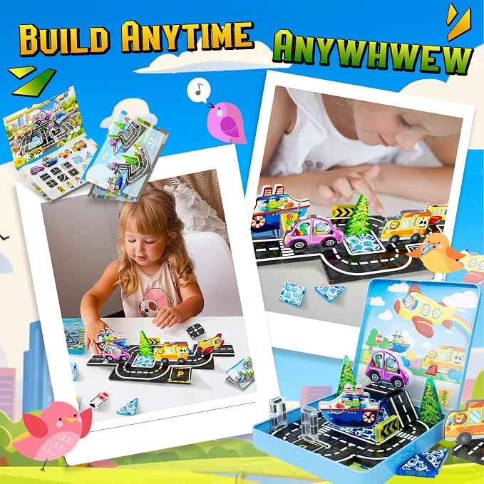 40PCS Mini Magnetic Tiles – City Road Building Blocks Set in Iron Case, Portable STEM Travel Toys for Toddlers, Quiet On-the-Go Activities & Preschool Learning for Kids