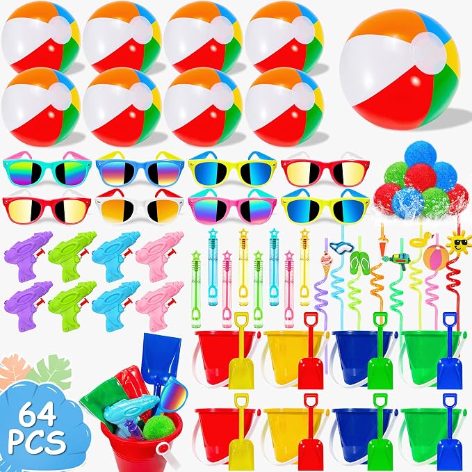 LINAYE Beach & Pool Party Favors - Kids' Summer Toys Bulk Including Beach Balls, Sand Buckets, Sunglasses, Drinking Straws, Bubble Wands Beach & Pool Party Supplies