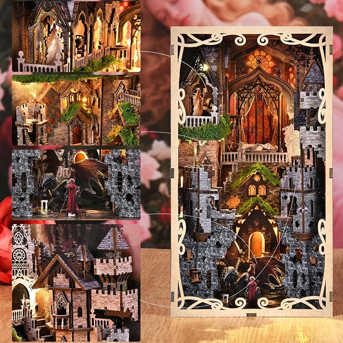 CCCDF Book Nook Kit, DIY Miniature Dollhouse Booknook Kit, 3D Wooden Puzzle Bookend Bookshelf with LED Light for Adults Teens, Gifts for Family and Friends (Sleeping Beauty)