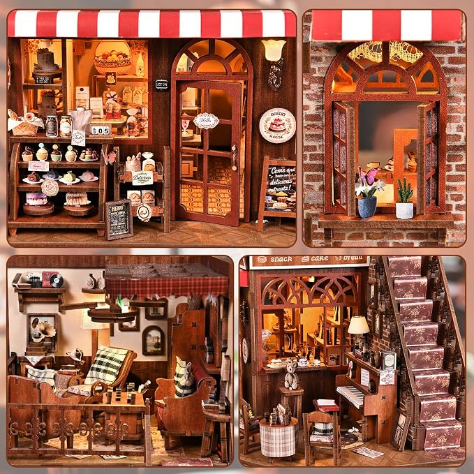 DIY Miniature House Kit, Dollhouse Fantastic Corner Shop for Adults to Build, Birthday/Christmas Day Gift for Family and Friends, Prefab Tiny Home with LED Lights,Corner Dessert House