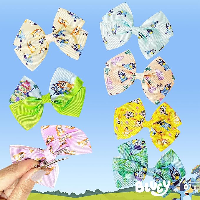 Bluey Kids Hair Bows - Hair Accessories Gift Set - Bluey Hair Bow - 7 Pcs 4 Inch Bow Bundle - HairBows for Girls - Different Bluey print on each clip - Alligator Clip - Ages 3 +