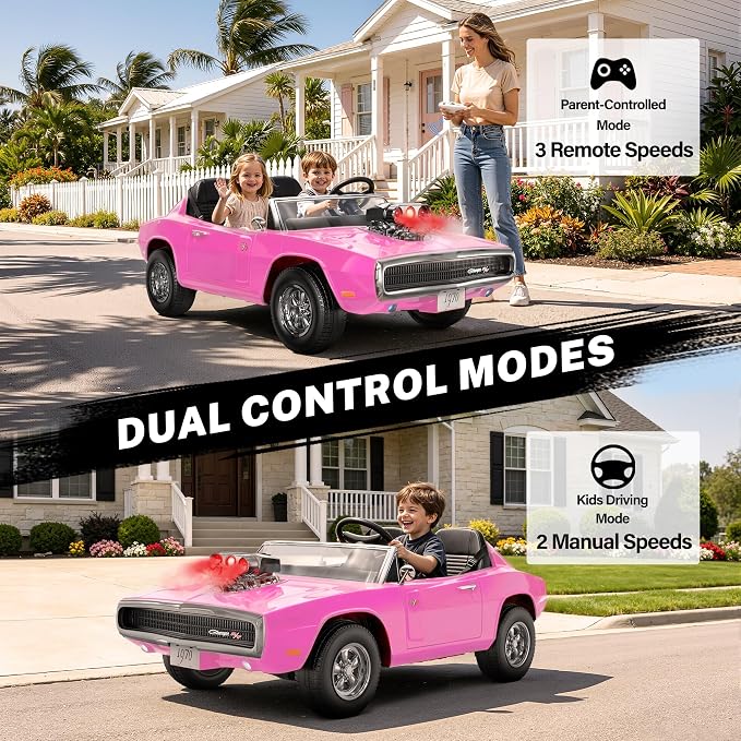 Licensed 1970 Dodge Charger 24V Ride on Toys for Big Kids, 2 Seater Ride on Car with Parent Remote Control, Dual 120W Motors, Bluetooth Music, LED Lights, Hood Supercharger with Mist, 5 MPH