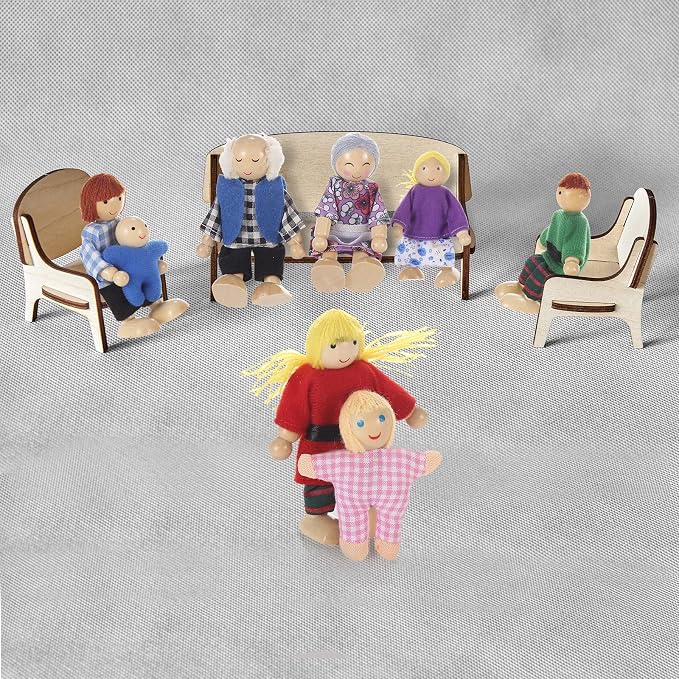 Jzszera Wooden Doll House Family of 8 Little Figures, Cute Dollhouse People for Girls Toddlers